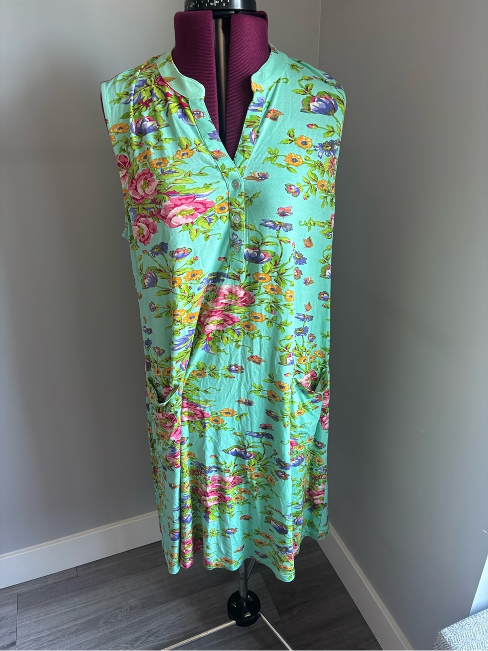 April Cornell Mint Floral Sleeveless Midi Dress with Pink & Yellow Accents